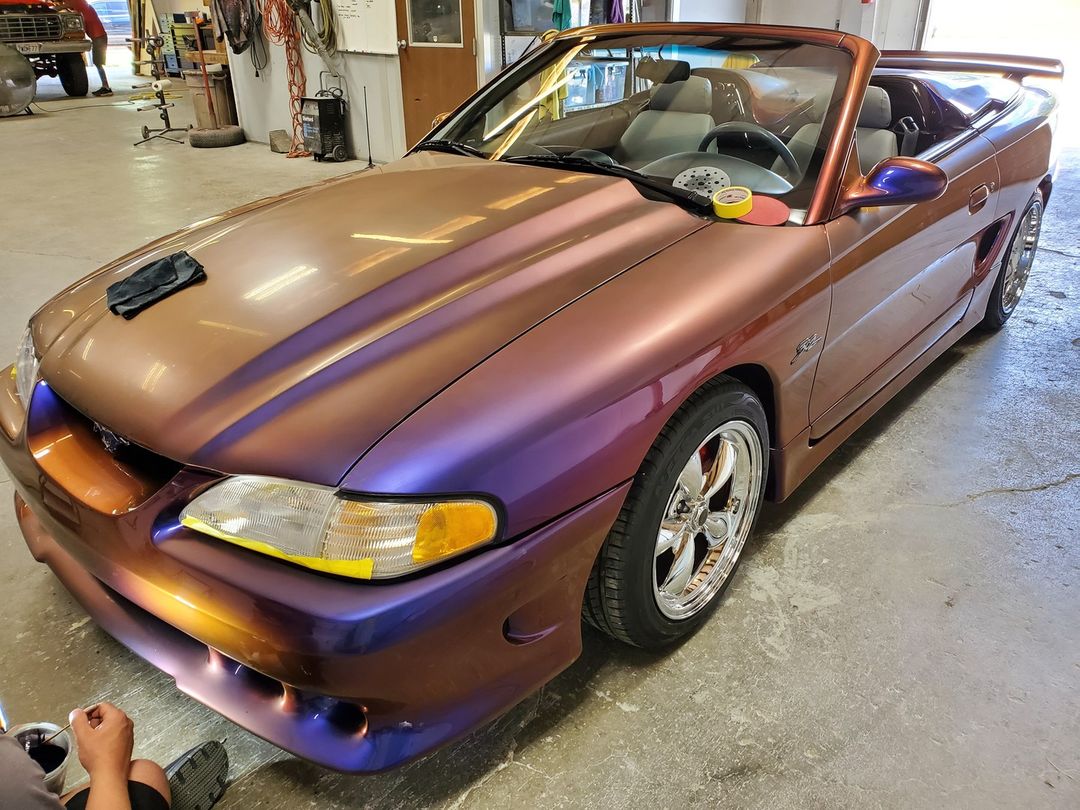 Image of a purple Ford Mustang auto paint job